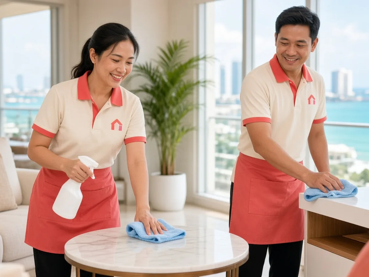 Siam Shine cleaners in branded uniforms cleaning a Pattaya condo